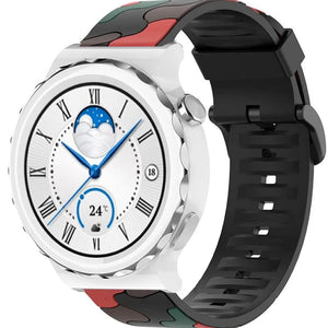 Silicone Camo Strap, red, on a watch, 3/4 front view