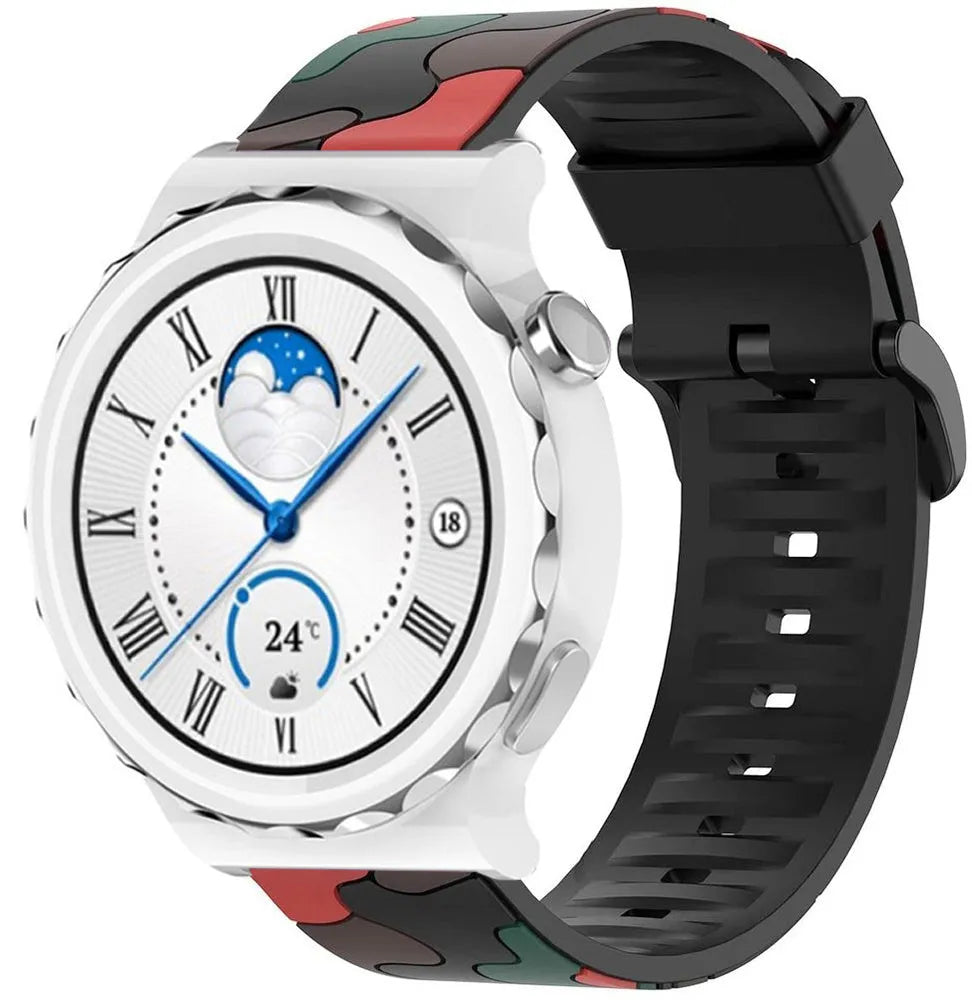 Silicone Camo Strap, red, on a watch, 3/4 front view