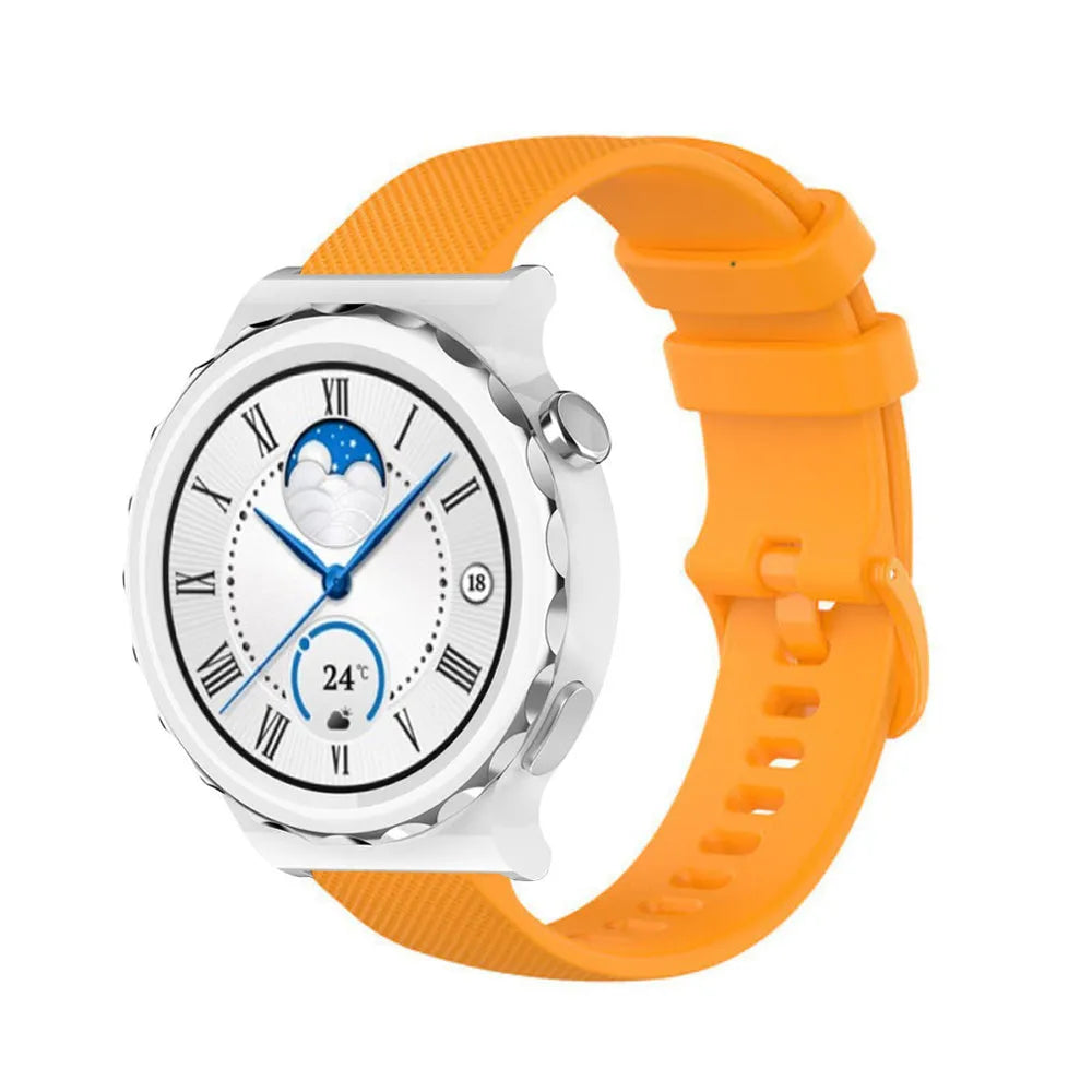 Premium Silicone Strap, orange, on a watch, 3/4 front view