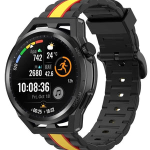 Silicone Special Edition Strap, black/yellow, on a watch, 3/4 front view