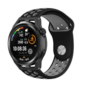 Silicone Sport Strap, black/grey, on a watch, 3/4 front view