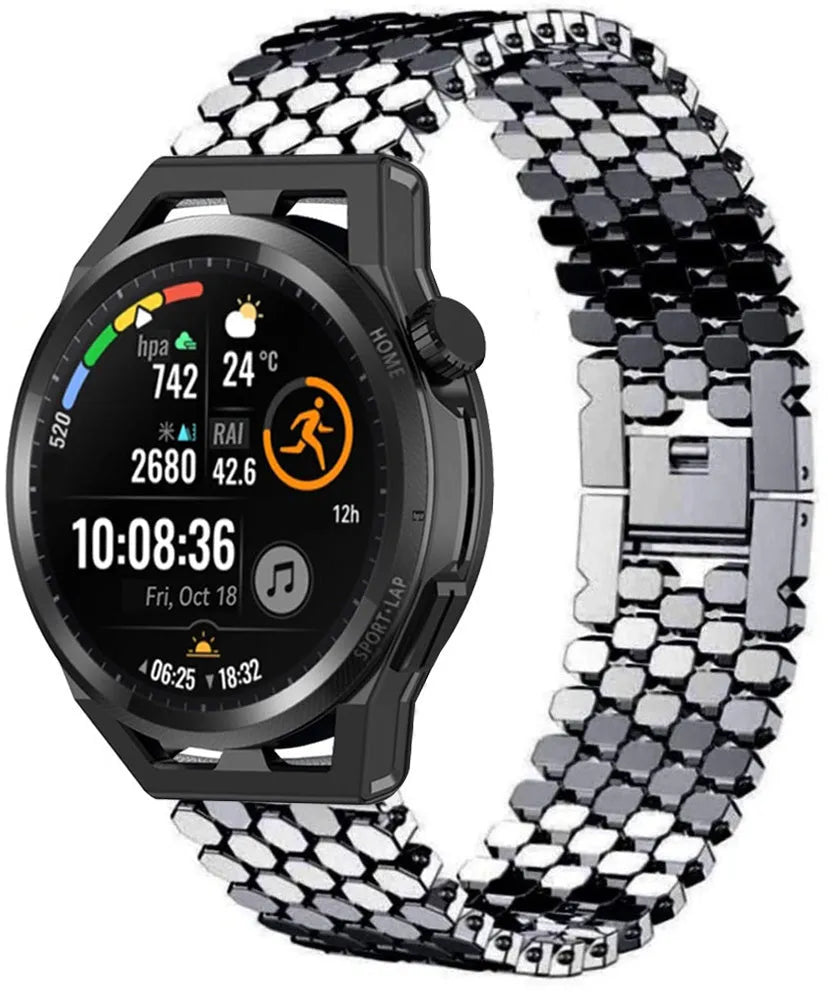 Steel Strap Hexagons, black, on a watch, 3/4 front view