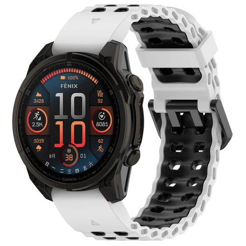 Silicone Wave Sport Strap, white/black, on a watch, 3/4 front view