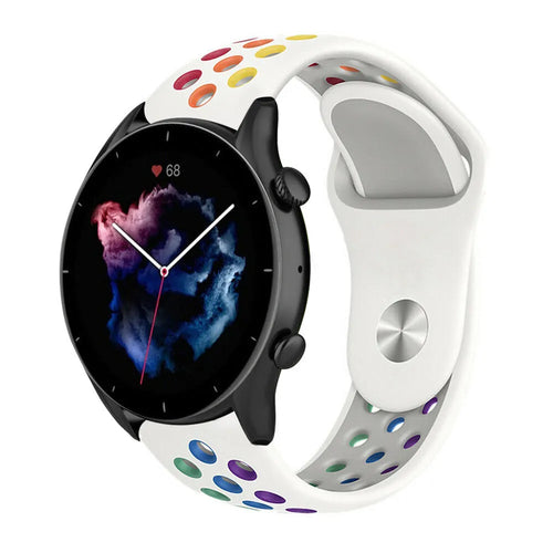 Silicone Sport Strap, white/colourful, on a watch, 3/4 front view