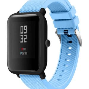 Twill Silicone Strap, sand blue, on a watch, 3/4 front view