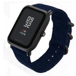 Nylon Buckle Strap, blue, on a watch, 3/4 front view