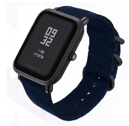 Nylon Buckle Strap, blue, on a watch, 3/4 front view