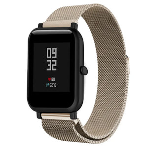 Milanese Strap, champagne, on a watch, 3/4 front view