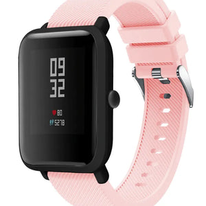 Twill Silicone Strap, pink, on a watch, 3/4 front view