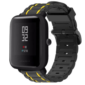 Silicone Strap 'Tough', black/yellow, on a watch, 3/4 front view