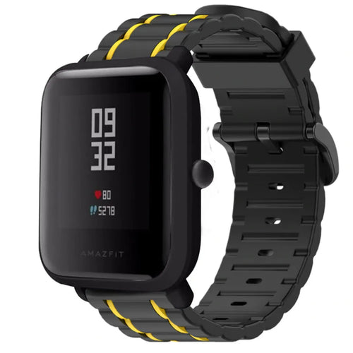 Silicone Strap 'Tough', black/yellow, on a watch, 3/4 front view