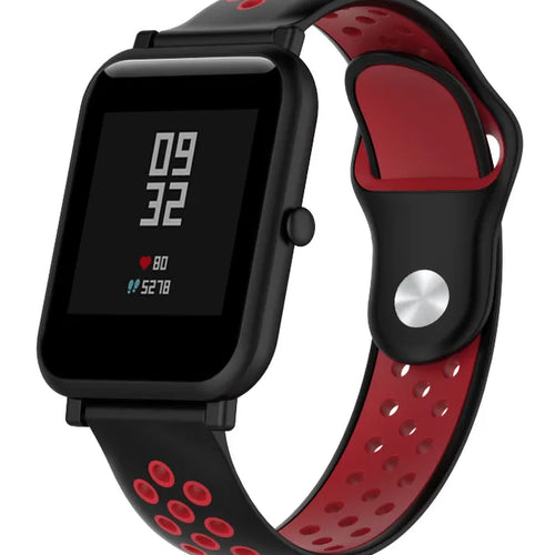 Silicone Sport Strap, black/red, on a watch, 3/4 front view