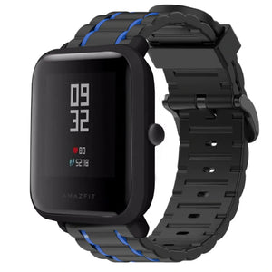 Silicone Strap 'Tough', black/blue, on a watch, 3/4 front view
