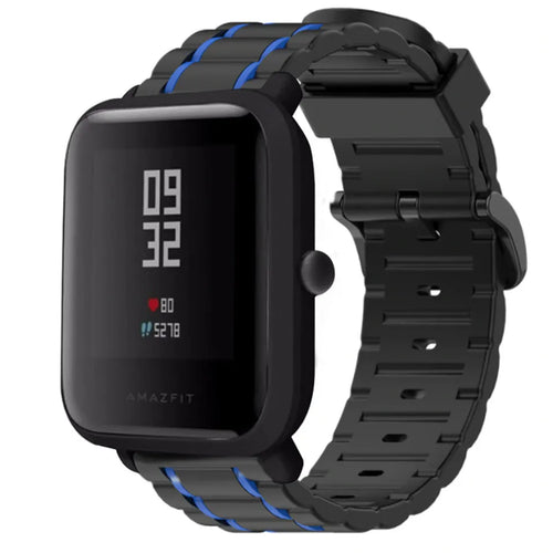 Silicone Strap 'Tough', black/blue, on a watch, 3/4 front view