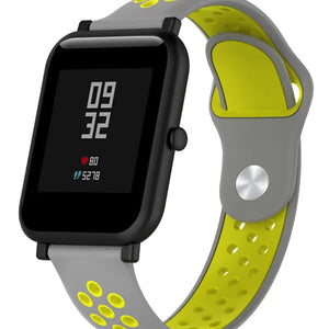 Silicone Sport Strap, grey/yellow, on a watch, 3/4 front view