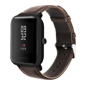 Leather Strap, dark brown, on a watch, 3/4 front view