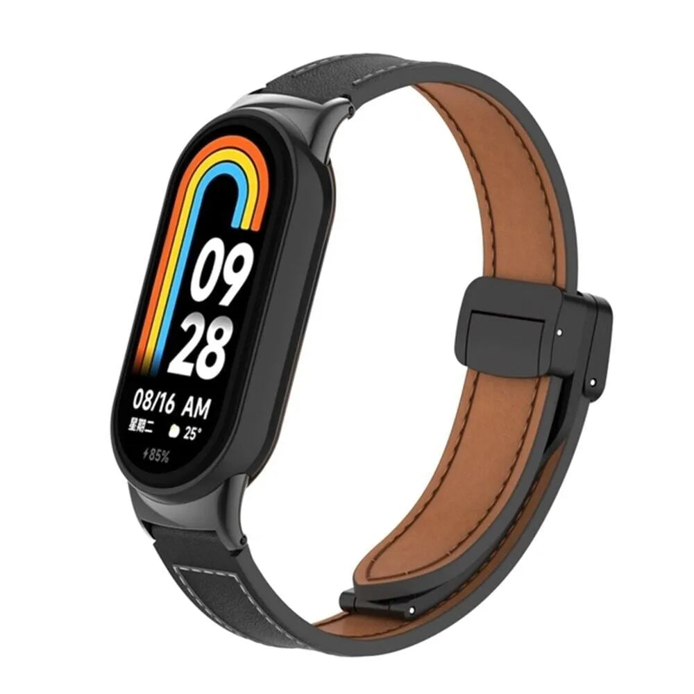 Leather D-Buckle Strap, black, on a watch, 3/4 front view