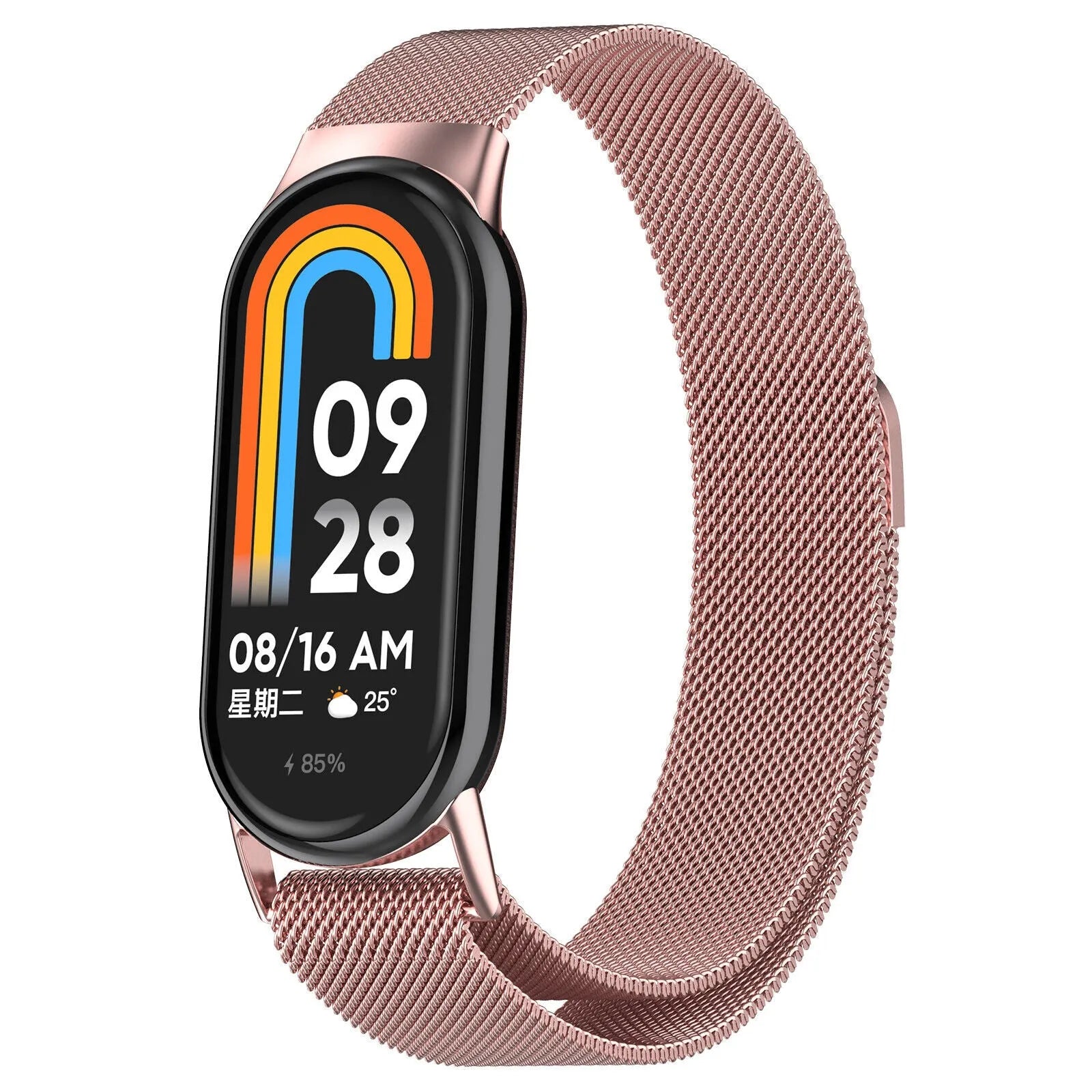 Milanese Strap, pink, on a watch, 3/4 front view