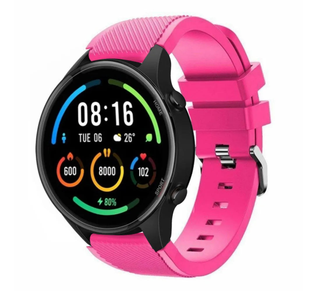 Twill Silicone Strap, bright pink, on a watch, 3/4 front view
