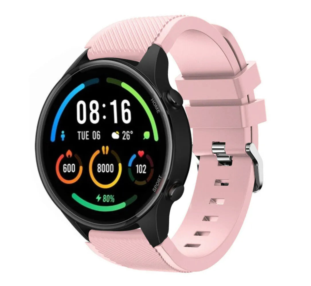 Twill Silicone Strap, pink, on a watch, 3/4 front view