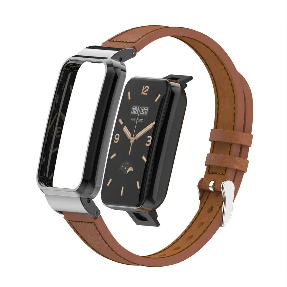 Leather Strap, brown, on a watch, 3/4 front view