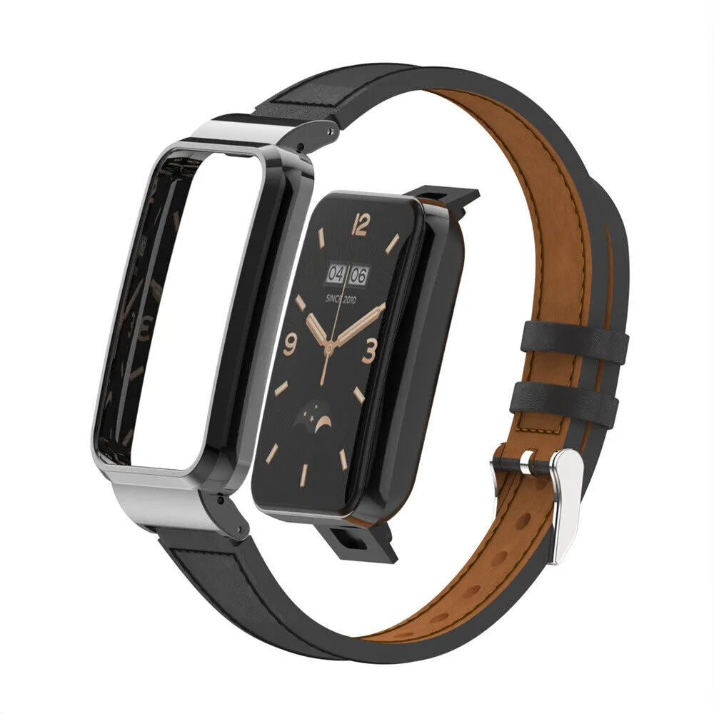Leather Strap, black, on a watch, 3/4 front view