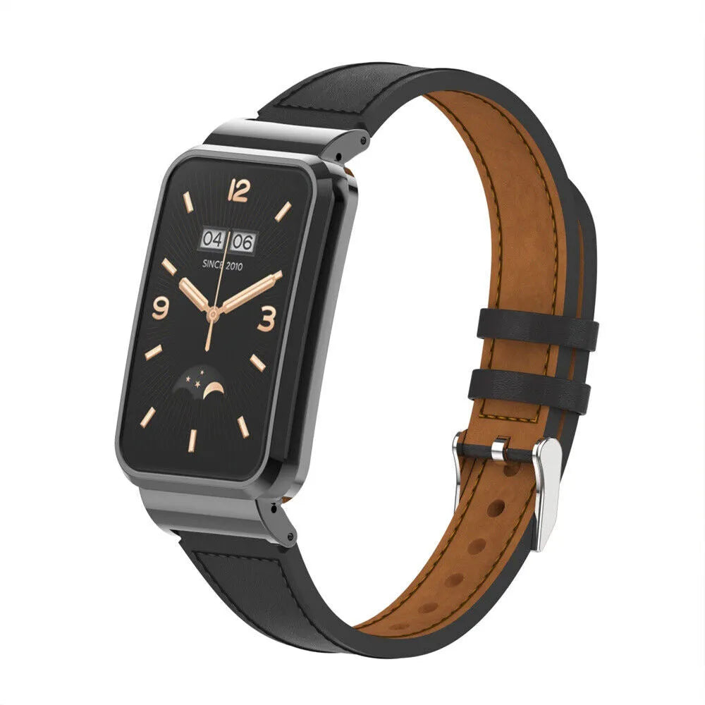 Leather Strap, black, on a watch, 3/4 front view