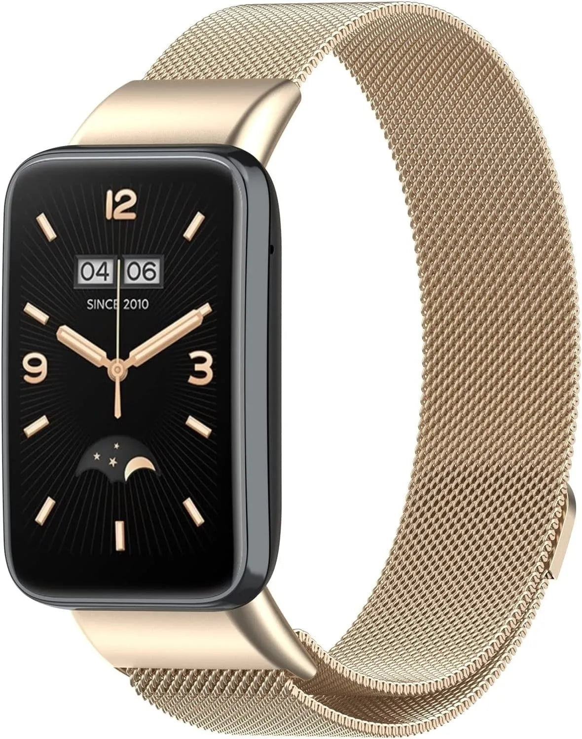 Milanese Strap, champagne, on a watch, 3/4 front view