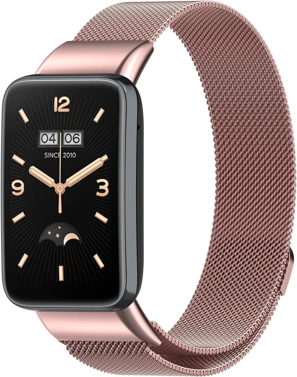 Milanese Strap, pink, on a watch, 3/4 front view