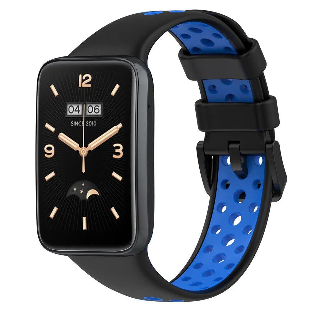 Silicone Sport Strap, black/blue, on a watch, 3/4 front view