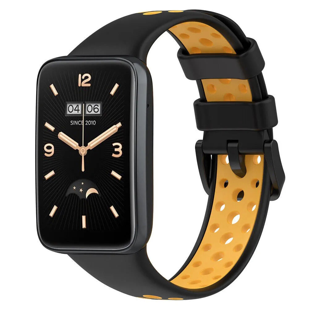 Silicone Sport Strap, black/yellow, on a watch, 3/4 front view