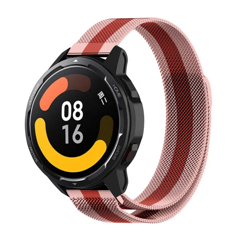 Milanese Strap, red/pink, on a watch, 3/4 front view