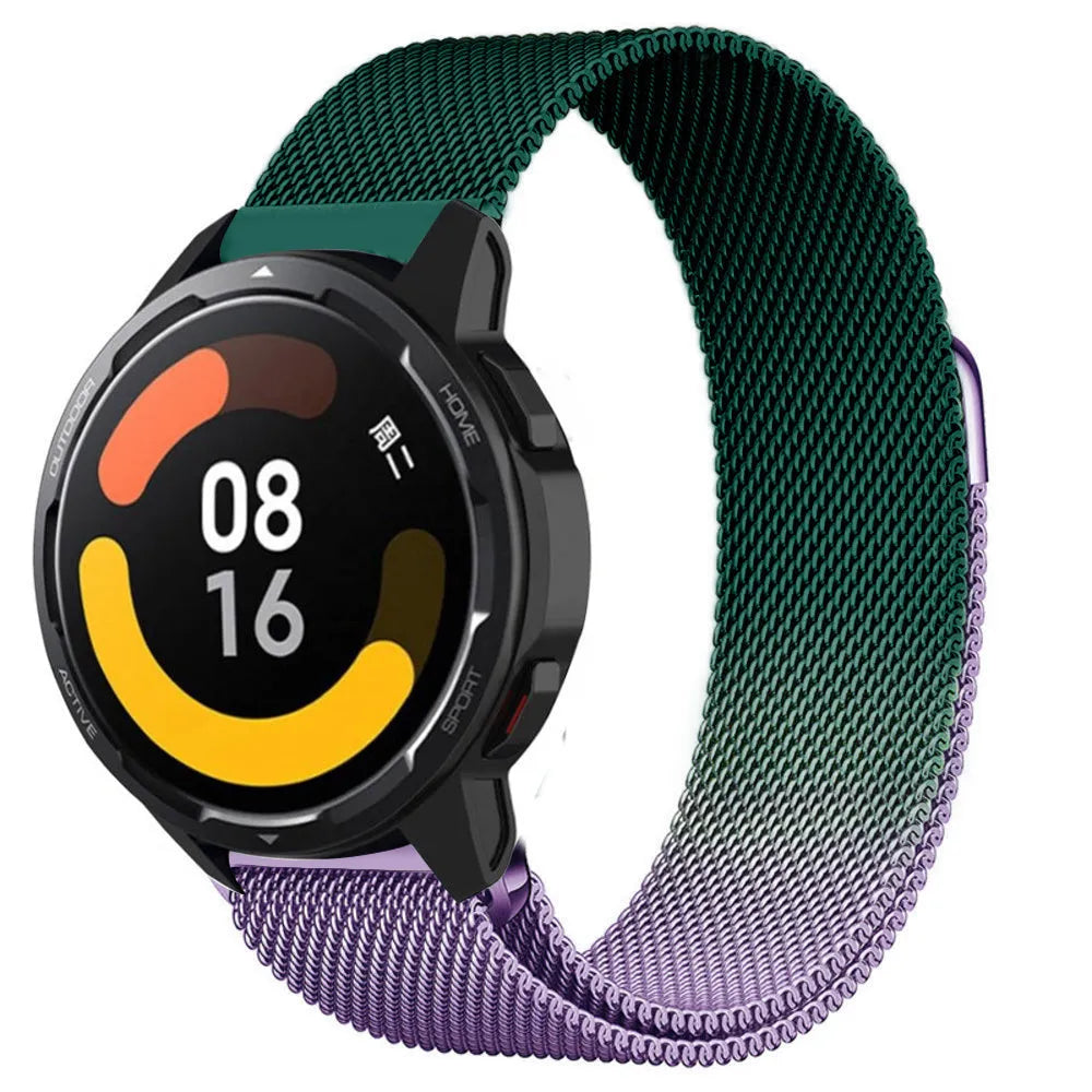 Milanese Strap, purple/green, on a watch, 3/4 front view