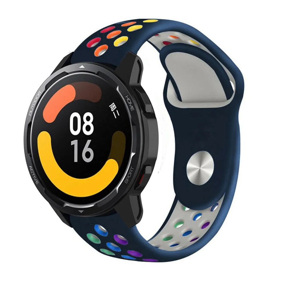 Silicone Sport Strap, dark blue/colourful, on a watch, 3/4 front view