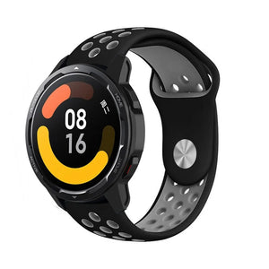Silicone Sport Strap, black/grey, on a watch, 3/4 front view
