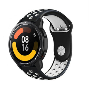 Silicone Sport Strap, black/white, on a watch, 3/4 front view