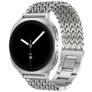 Metal Mesh Strap, silver, on a watch, 3/4 front view