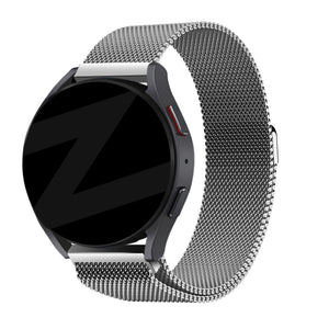 Milanese Loop Strap, silver, on a watch, 3/4 front view