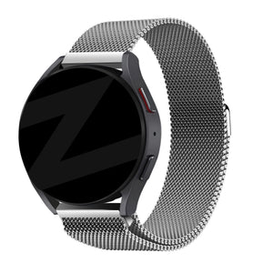 Milanese Loop Strap, silver, on a watch, 3/4 front view