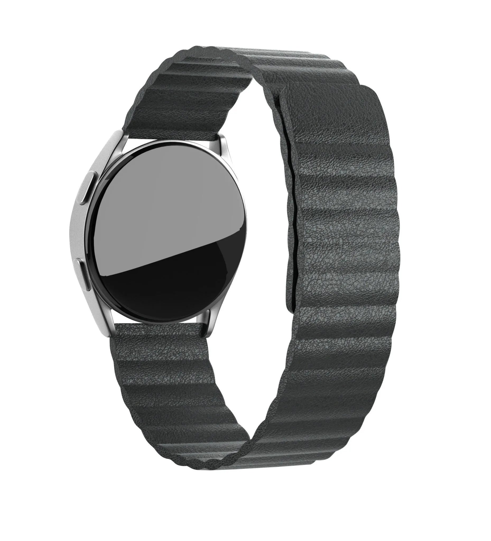 Leather Loop Strap, black, on a watch, 3/4 front view