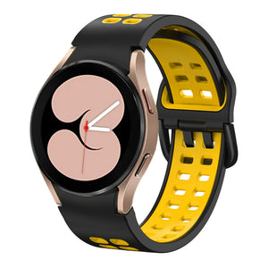 Silicone Squared Sport Strap, black/yellow, on a watch, 3/4 front view