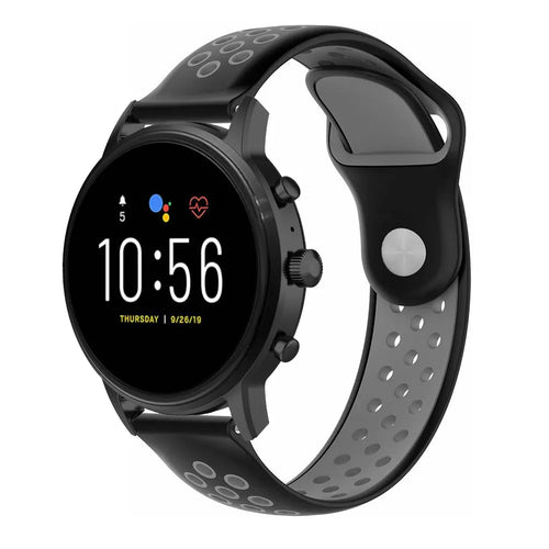 Silicone Sport Strap, black/grey, on a watch, 3/4 front view