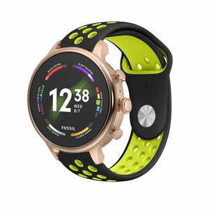 Silicone Sport Strap, black/yellow, on a watch, 3/4 front view