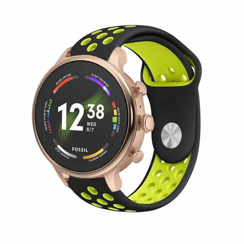 Silicone Sport Strap, black/yellow, on a watch, 3/4 front view
