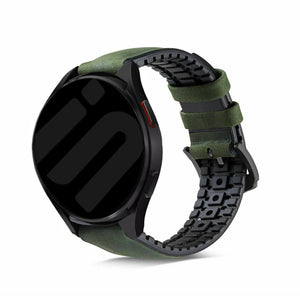 Leather Hybrid Strap, green, on a watch, 3/4 front view