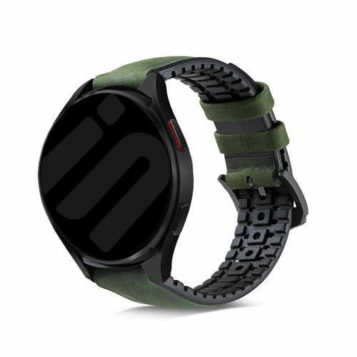 Leather Hybrid Strap, green, on a watch, 3/4 front view
