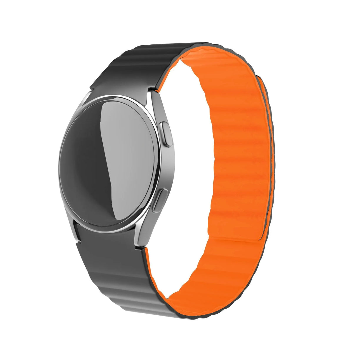 Magnetic Silicone Strap, black/orange, on a watch, 3/4 front view