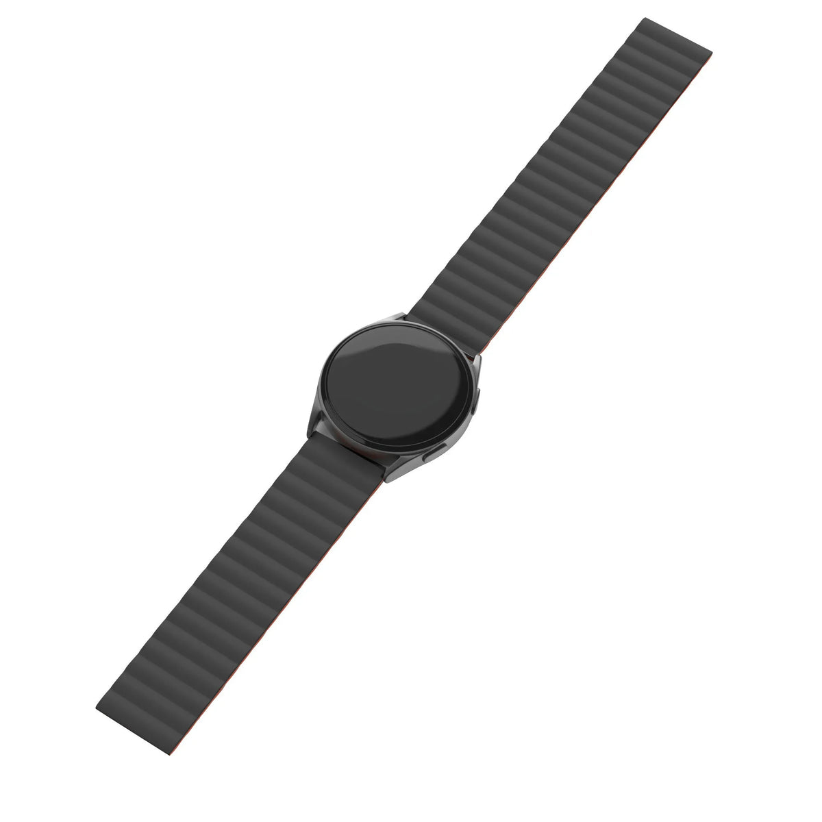 Magnetic Silicone Strap, black/orange, on a watch, 3/4 front view