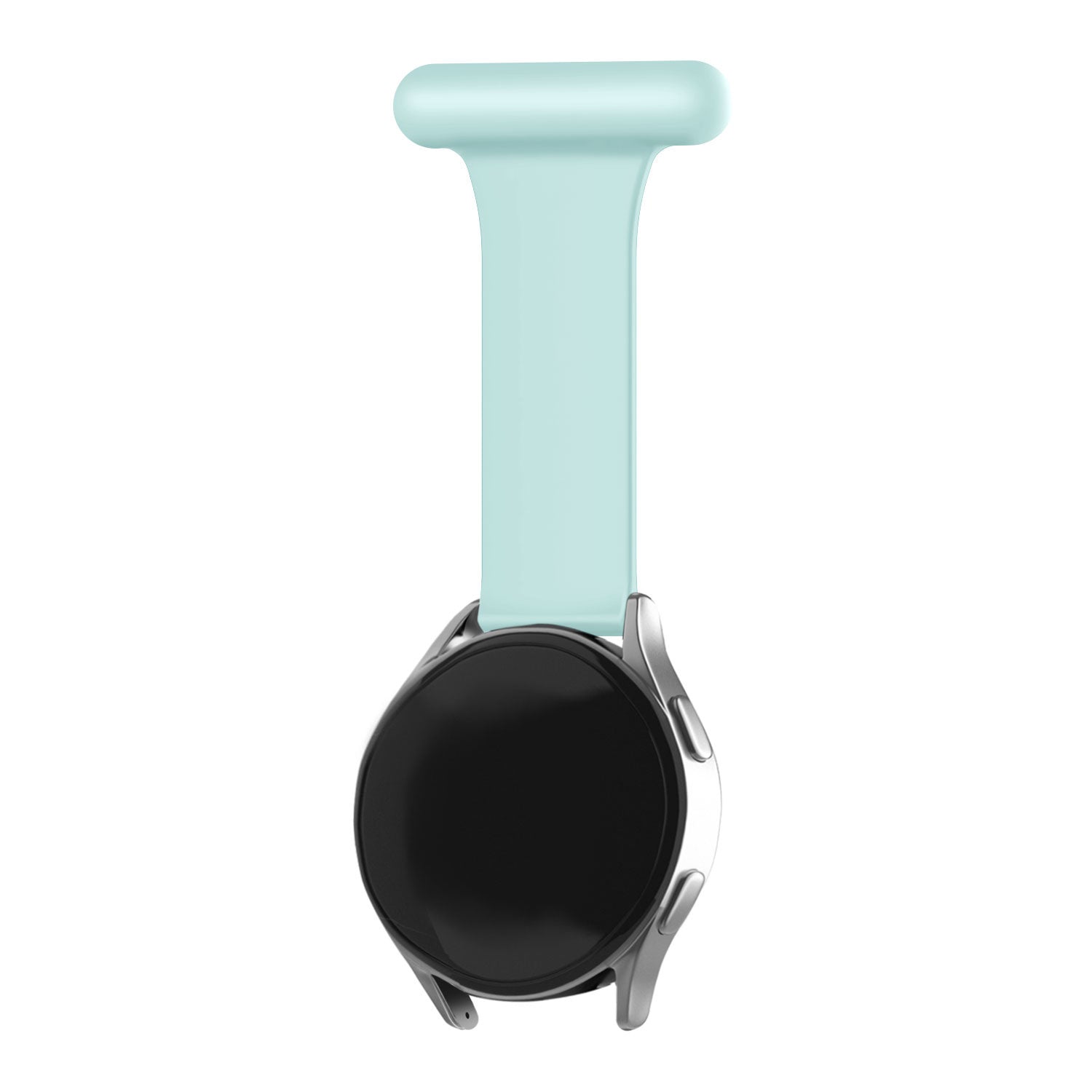 Silicone Nurse Fob, light green, on a watch, 3/4 rear view