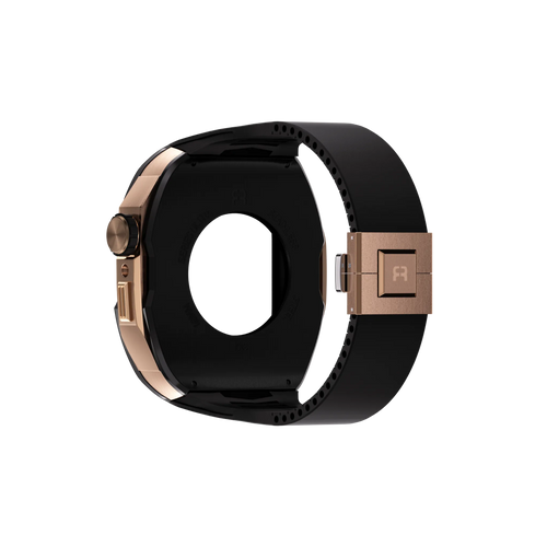 Silicone Case with Rubber Strap, black/rose gold, on a watch, 3/4 rear view